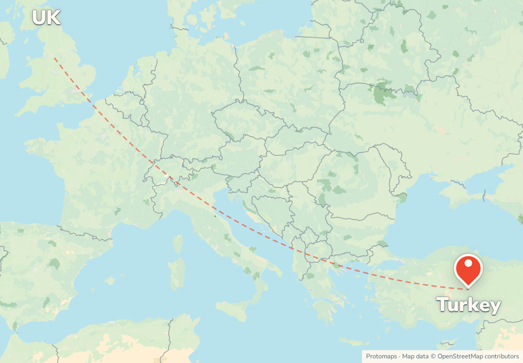 Map of the route from the UK to Turkey, with Turkey marked