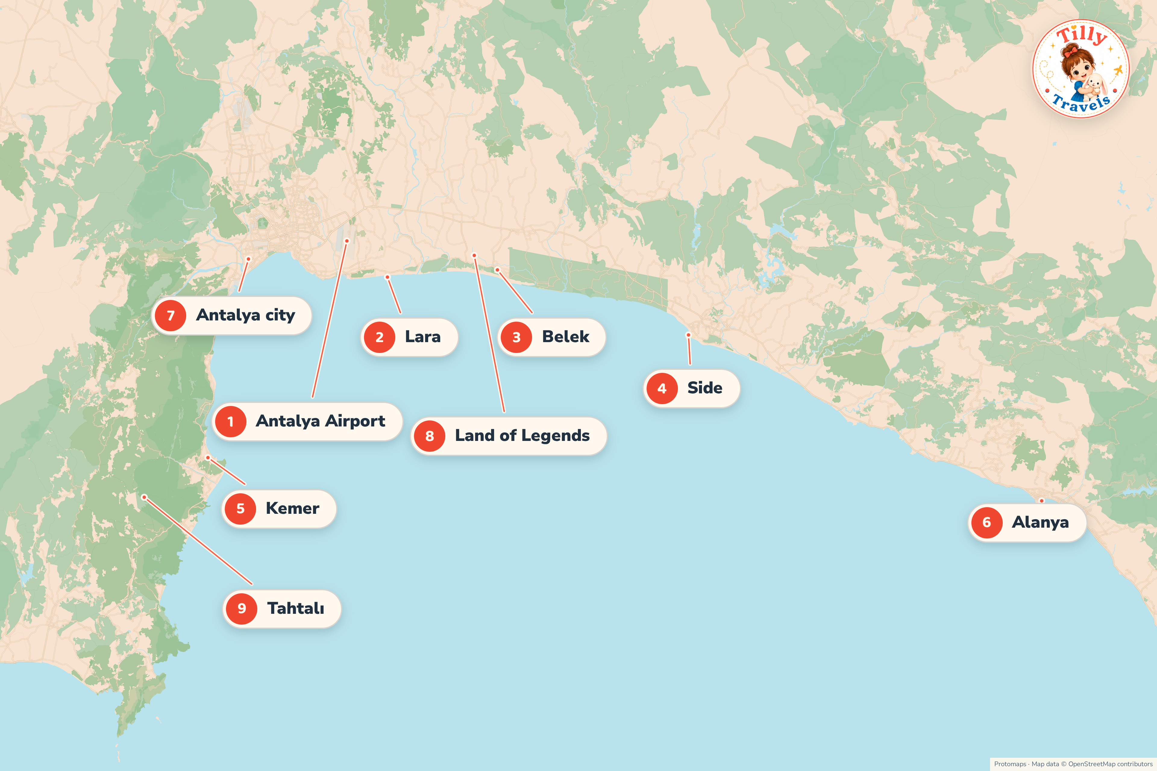 Map of the Gulf of Antalya showing the family resorts from Kemer round to Alanya, with Antalya Airport, the Land of Legends and the Tahtalı cable car marked.