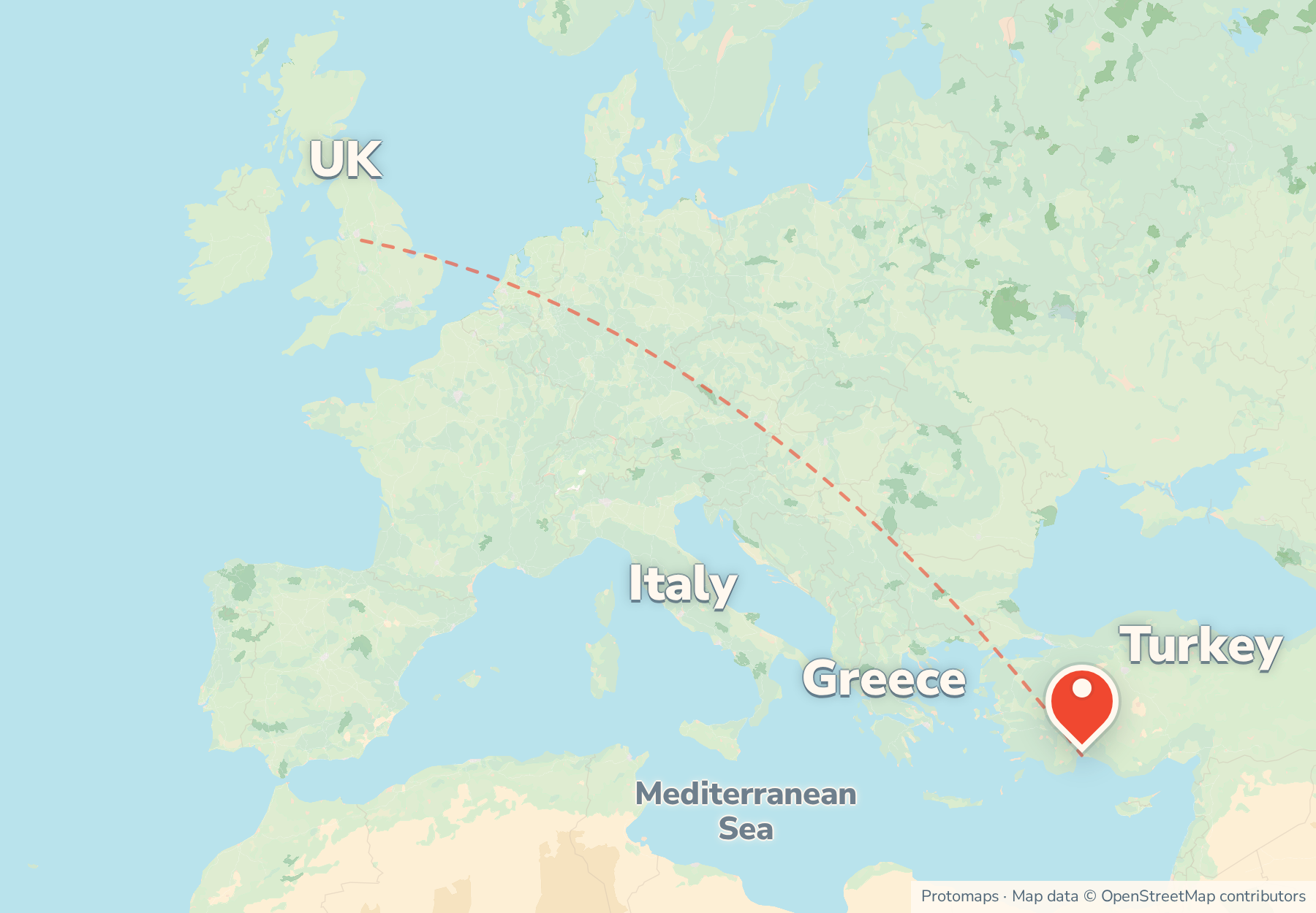 Locator map showing the Antalya coast on Turkey's southern Mediterranean shore, with Greece to the west and the UK to the north-west.