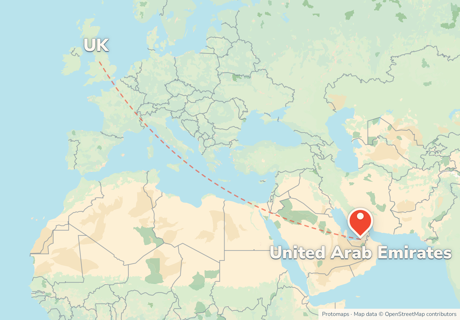 Map of the route from the UK to United Arab Emirates, with United Arab Emirates marked