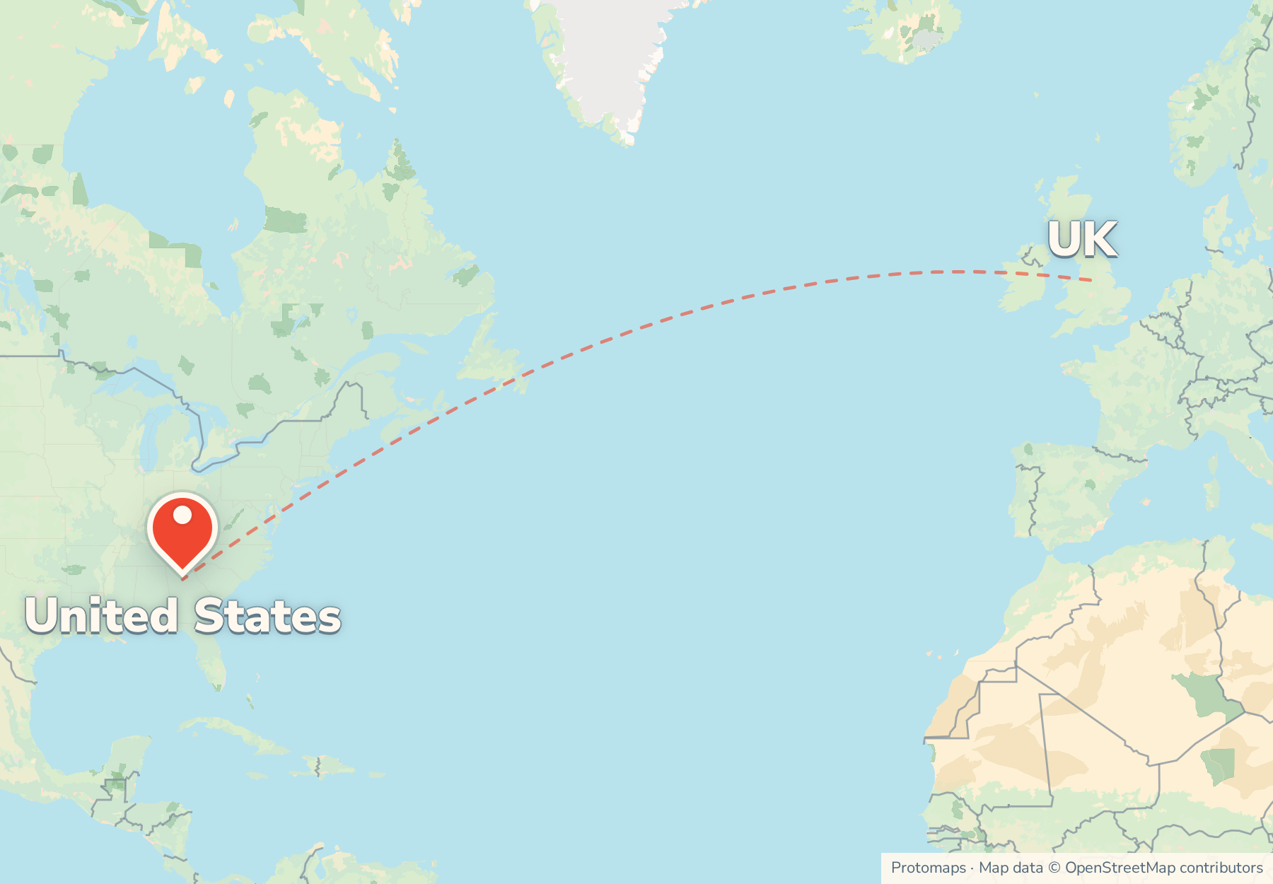 Map of the route from the UK to United States, with United States marked