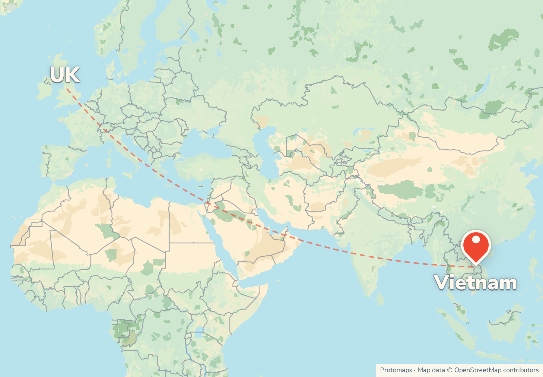 Map of the route from the UK to Vietnam, with Vietnam marked
