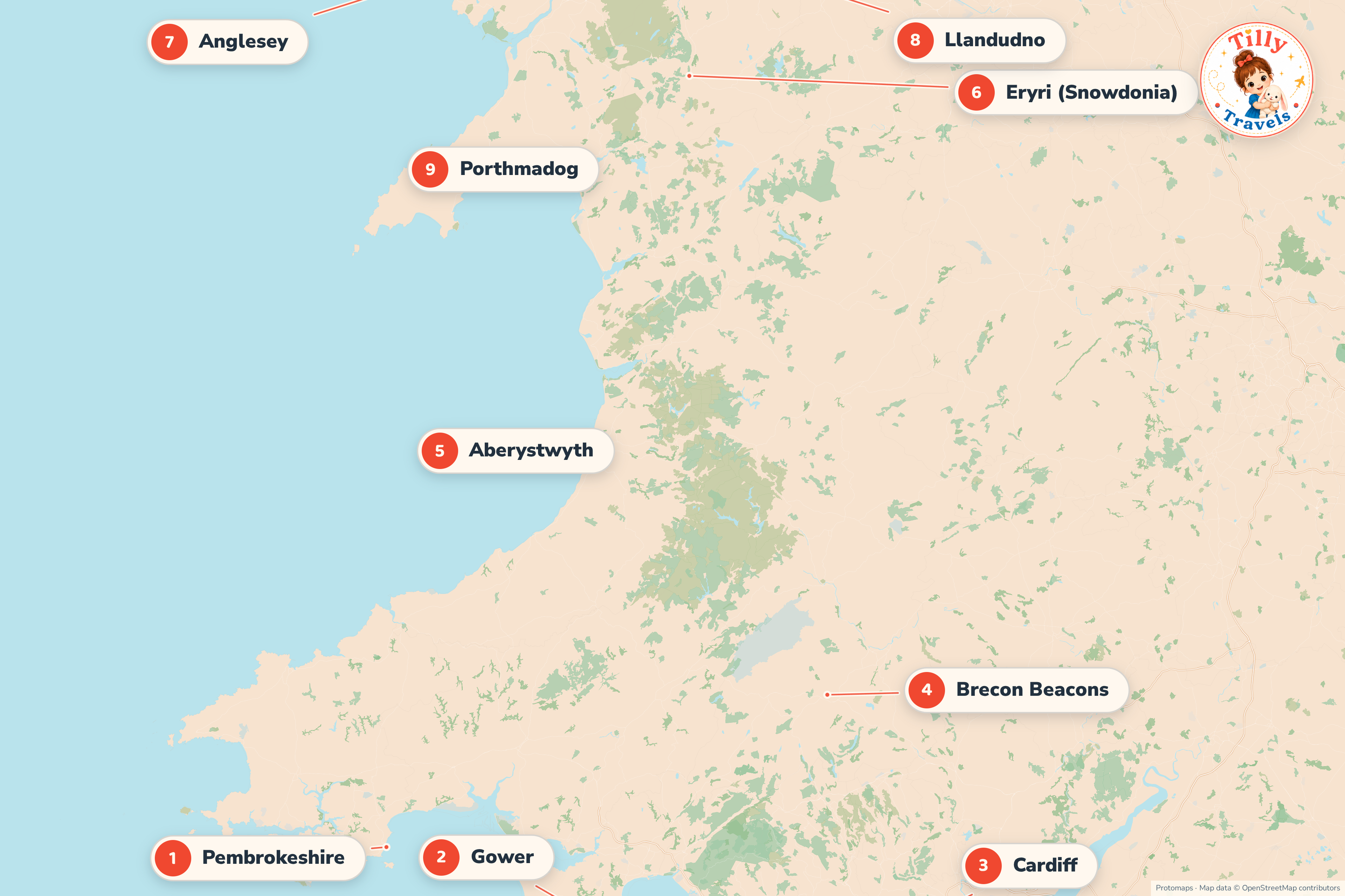 Map of Wales showing Pembrokeshire, the Gower, Cardiff, the Brecon Beacons, Aberystwyth, Eryri, Anglesey, Llandudno and Porthmadog.