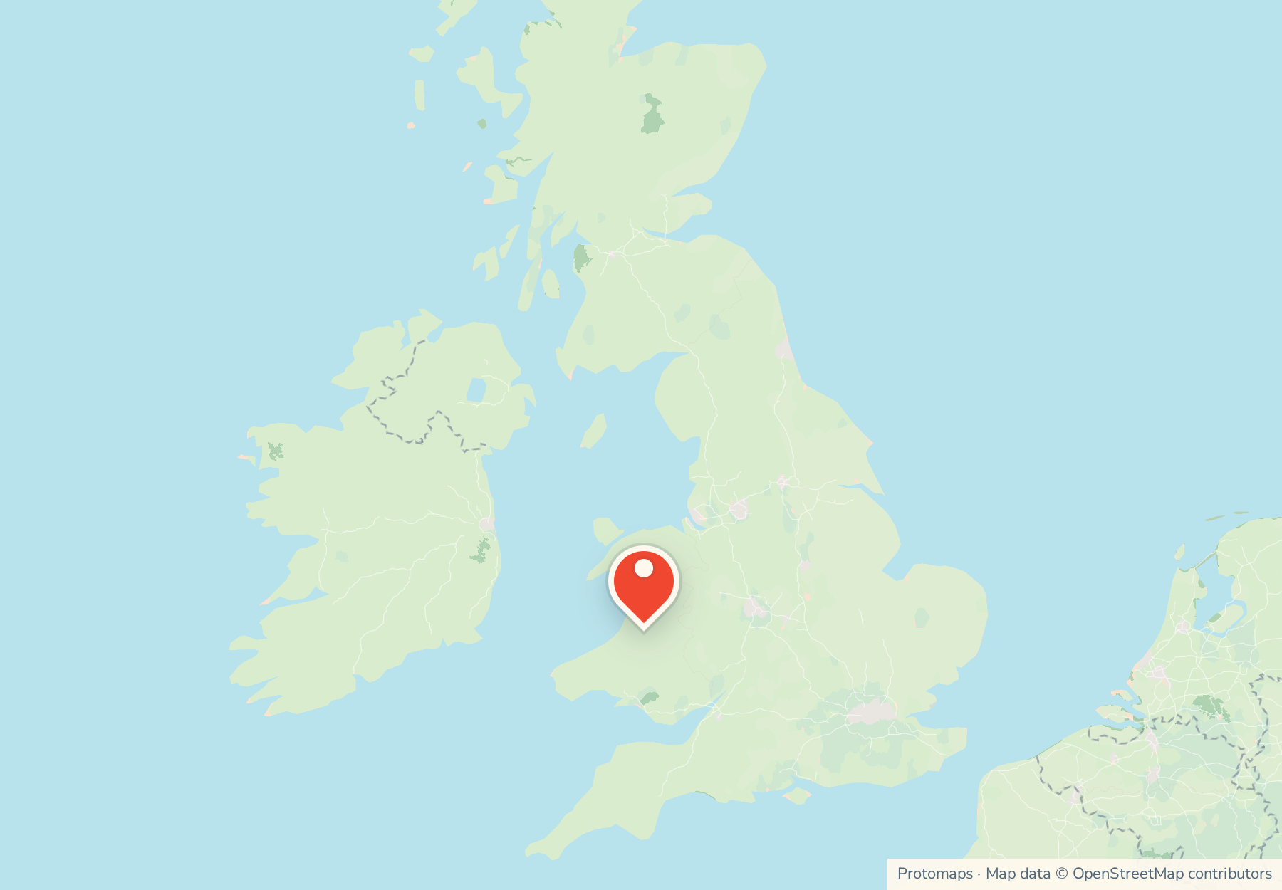 Map of the United Kingdom with Wales pinned in the west.