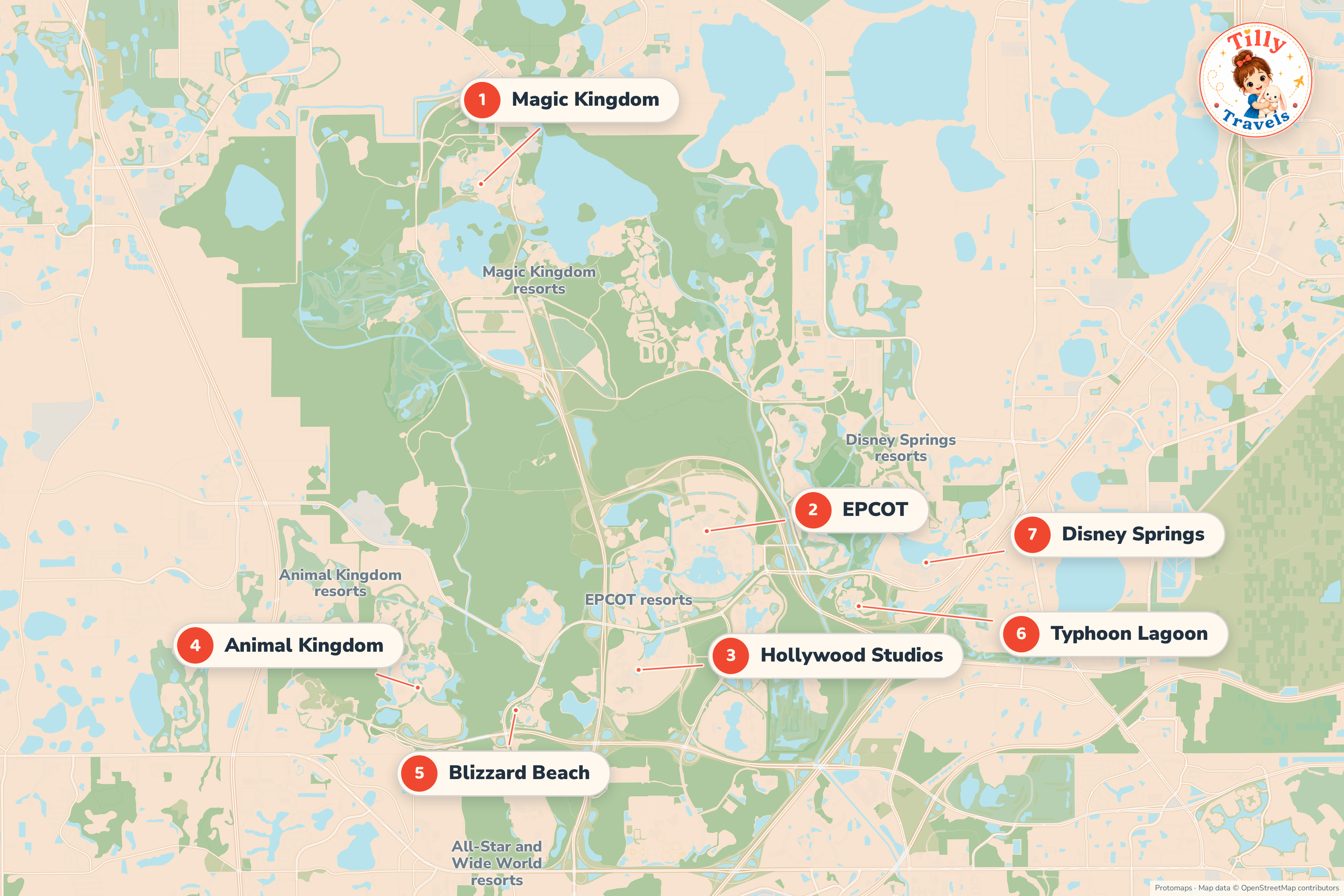 Numbered map of Walt Disney World: Magic Kingdom to the north, EPCOT and Hollywood Studios in the centre, Animal Kingdom to the west, the two water parks and Disney Springs to the east, with the hotel areas labelled around them.