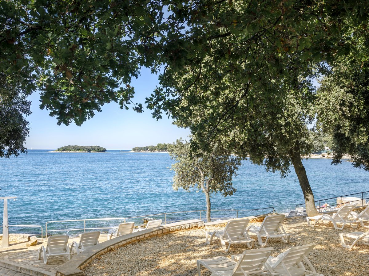 White sun loungers on a shaded gravel terrace beneath broad-leaved trees at the water's edge, with calm sea and wooded islets beyond.