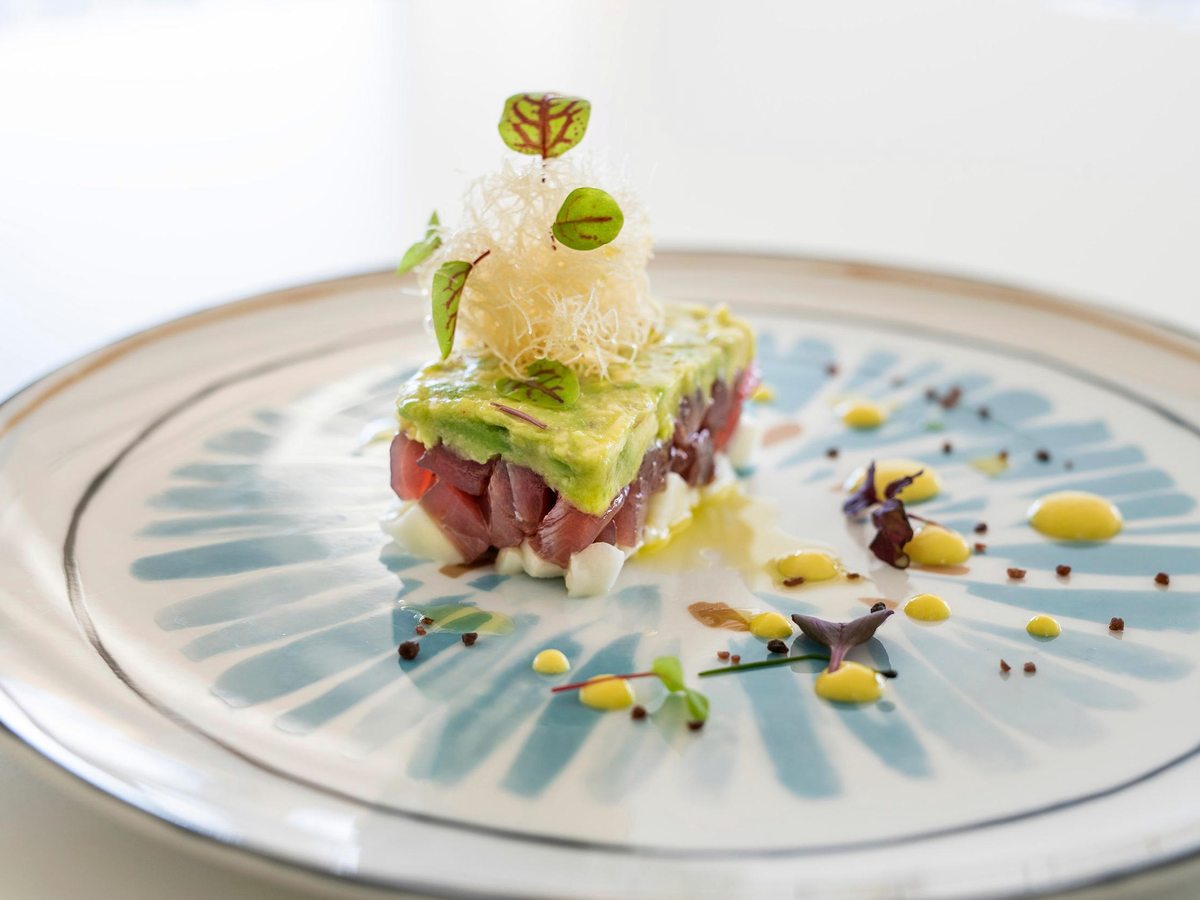 A tuna tartare starter with micro herbs and dots of sauce, plated on a patterned blue-and-white plate.