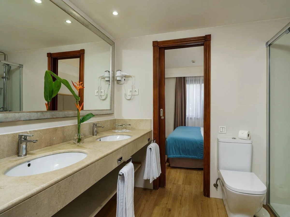 A suite bathroom with two basins on a long stone vanity, a large mirror and a glass walk-in shower, with a bedroom visible through the doorway.