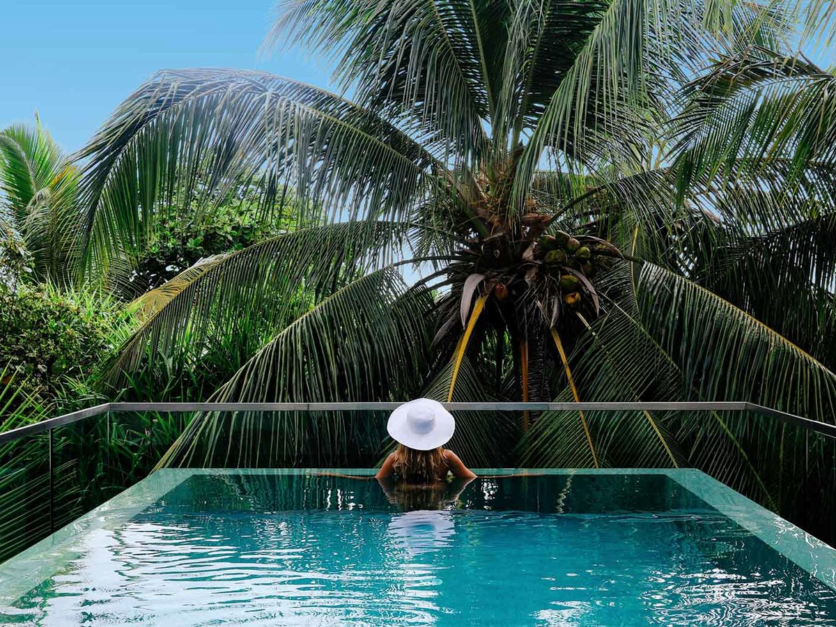 A rectangular villa plunge pool with a glass edge and a single swimmer, framed by tall palms and tropical planting.