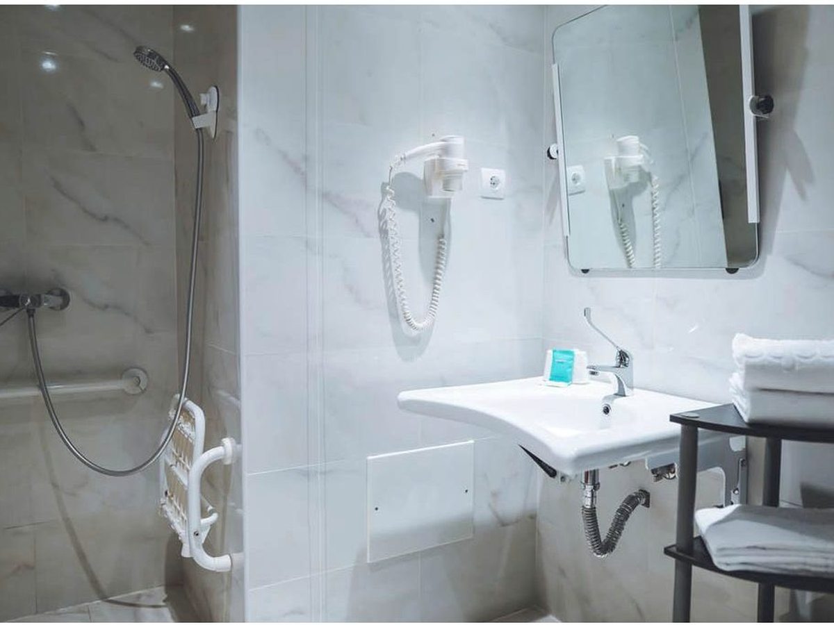 An accessible wet-room shower with a fold-down seat, grab rails, a basin and a mirror.
