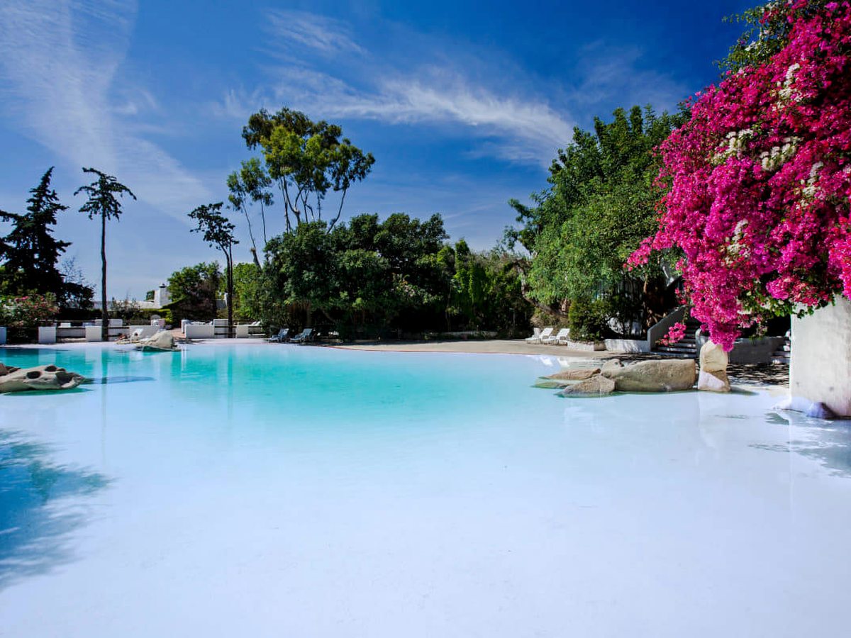 A wide pale-blue pool with a broad shallow entry shelf, backed by tall trees and cascading pink bougainvillea.