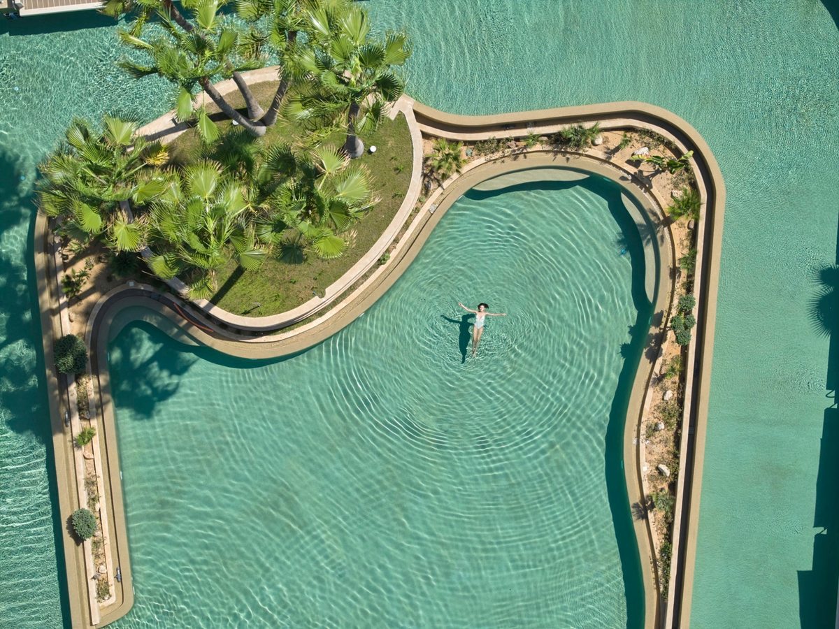 Overhead view of the winding free-form lagoon pool, turquoise water around a planted island of palms with a single swimmer floating.