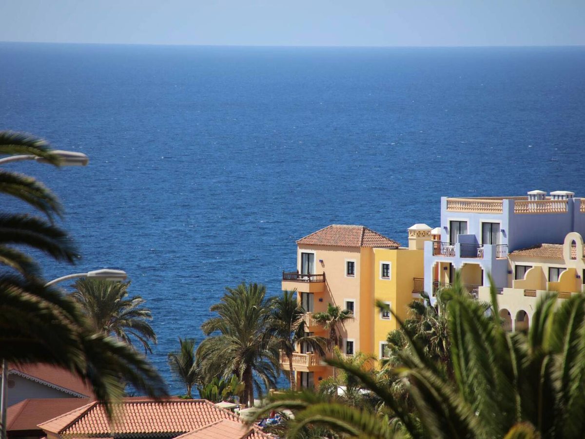 Yellow accommodation blocks with white balconies and red-tiled roofs stepping down a clifftop above the blue Atlantic, framed by palm fronds.
