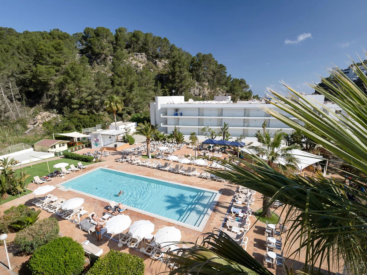 The resort's white low-rise blocks set on a pine-covered hillside above the main pool and its rows of sun loungers.