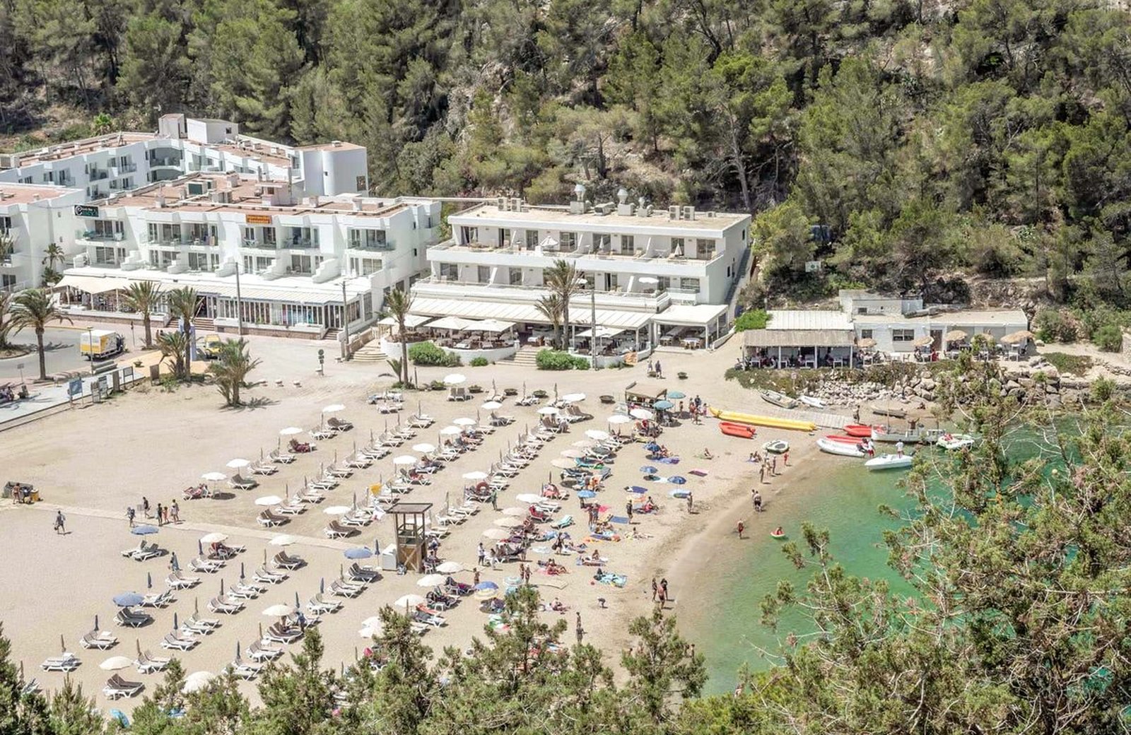 Balansat Resort at Port de Sant Miquel: low-rise blocks among pine woods beside a sheltered sandy bay on the north coast of Ibiza.