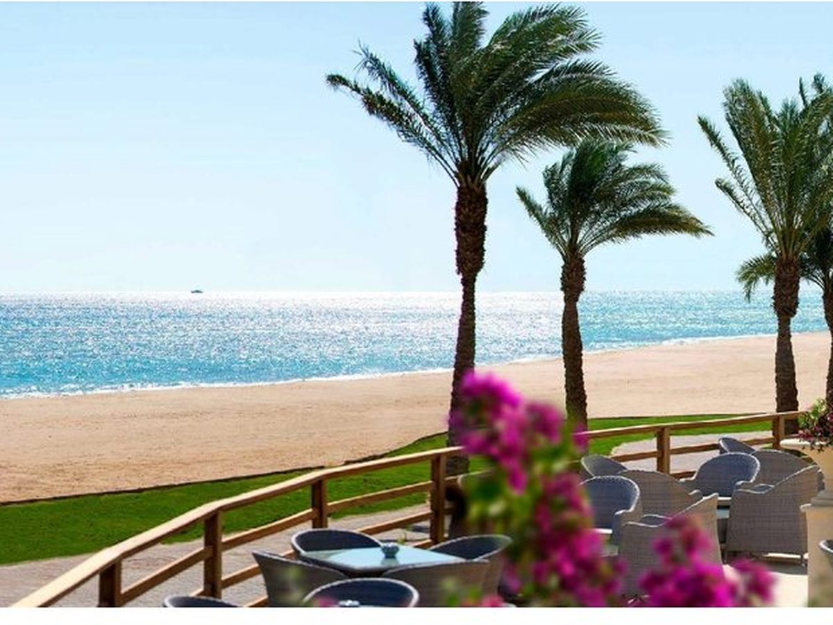 A decked seafront terrace with railings and flower planters above a sandy beach and the turquoise Red Sea.