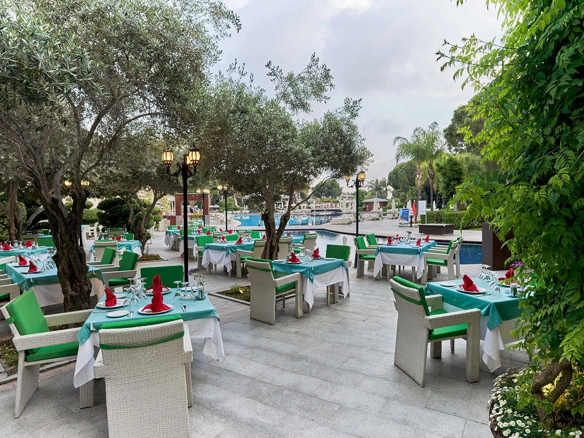 A shaded garden dining terrace
