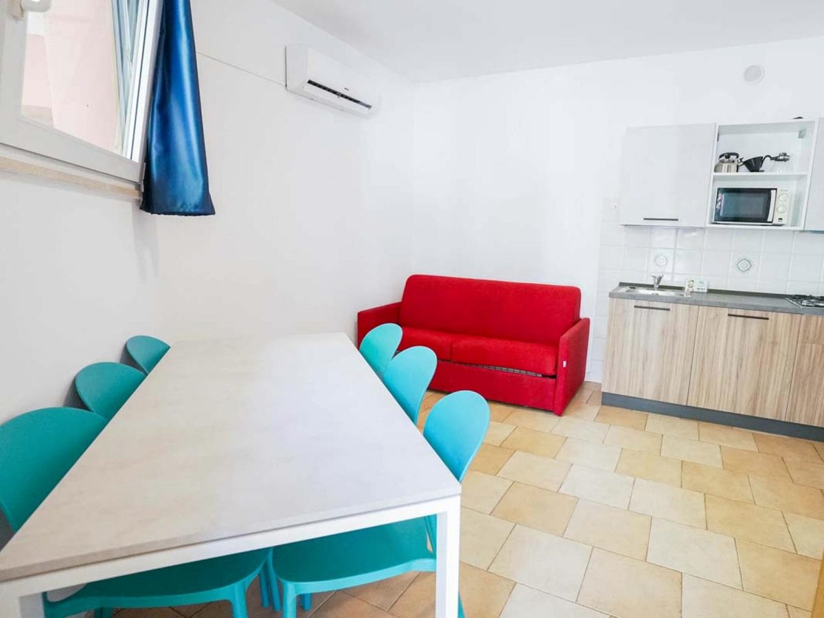 An open-plan apartment living and dining area with a red sofa, turquoise dining chairs and a compact kitchenette with a microwave.