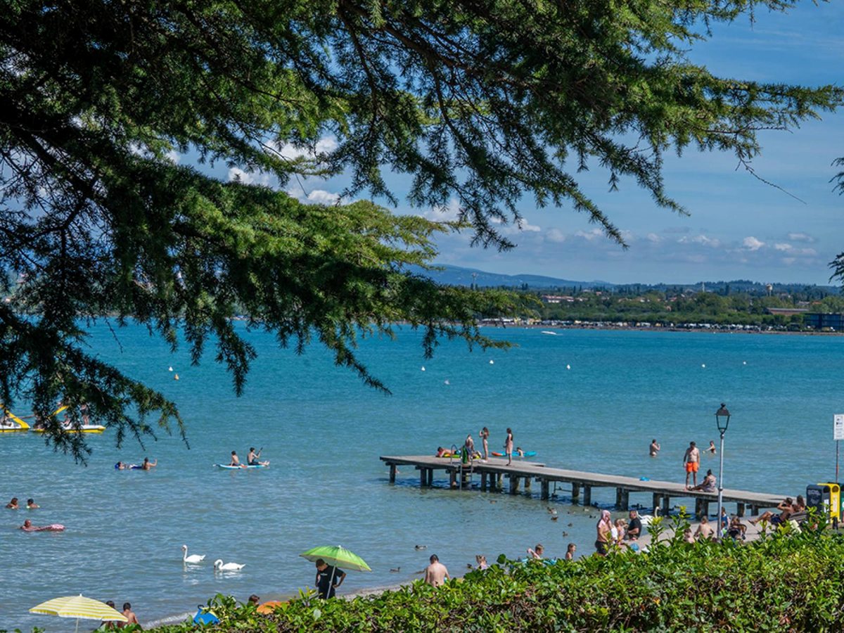 A grassy bank above the lake with a wooden bathing jetty, swans on the water and families swimming and paddleboarding under a blue sky.