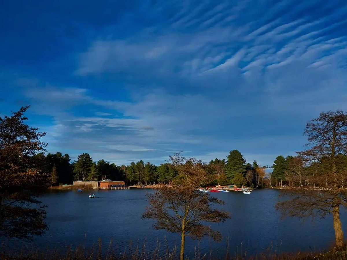 A wide woodland lake under a deep blue sky streaked with cloud, with small boats on the water and a boathouse on the far shore.