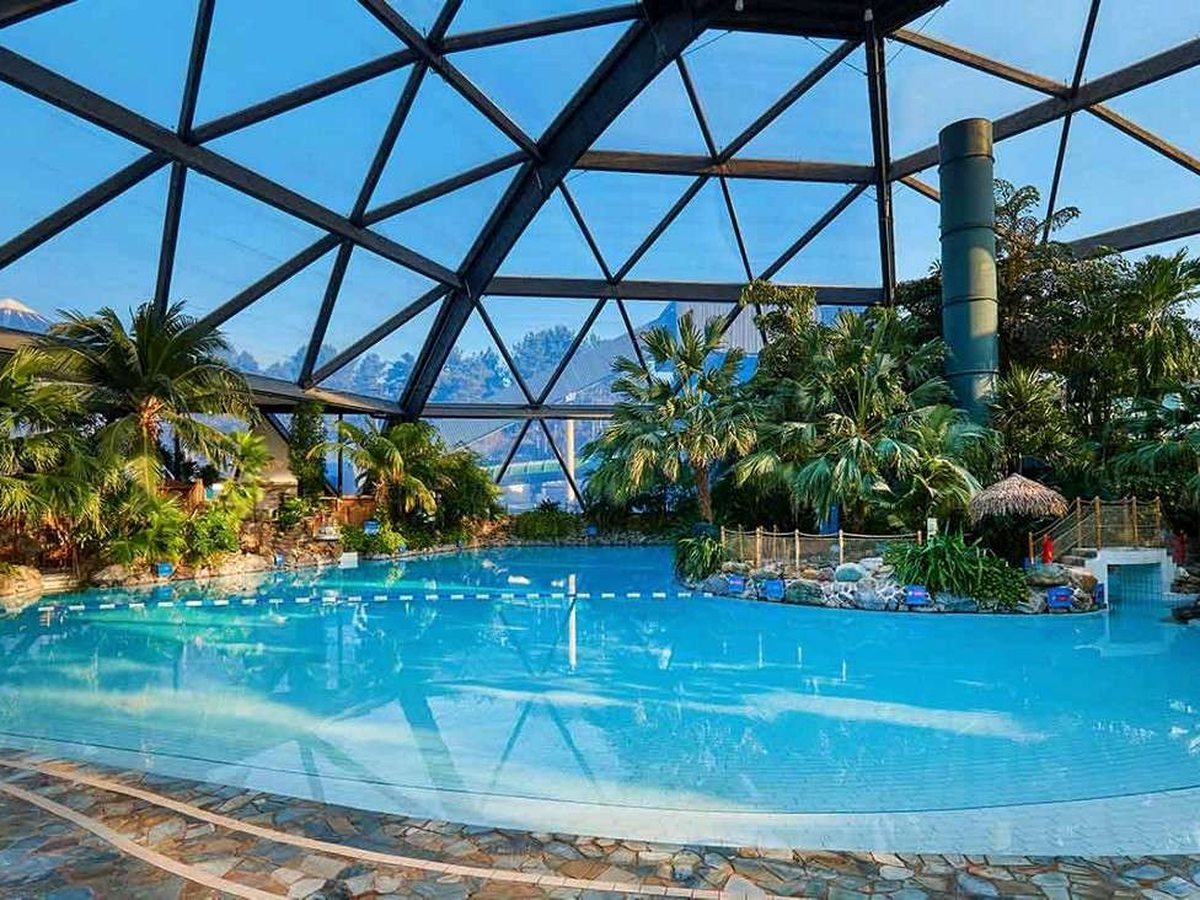 A large indoor pool with pale blue water under a glazed geodesic dome, edged with palms, tropical planting and a stone-paved surround.