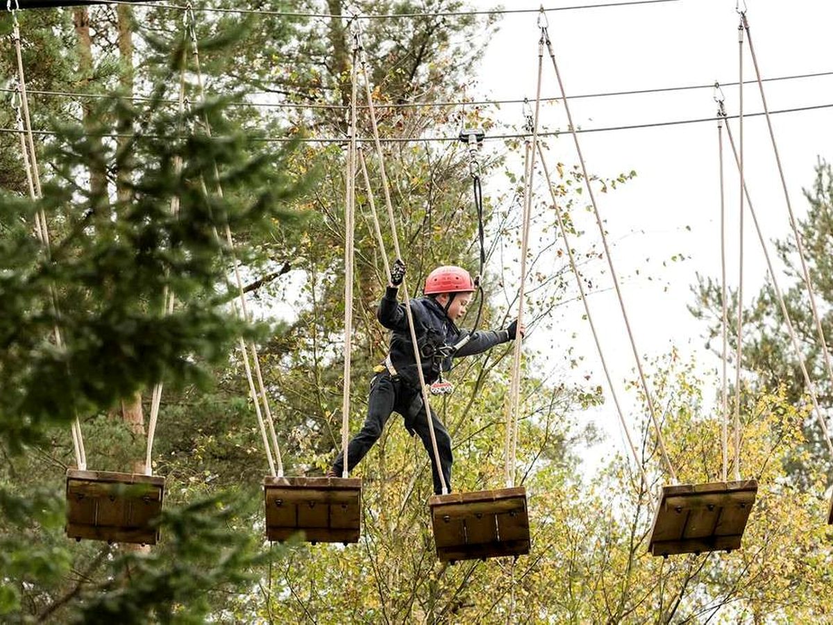 A child in a harness and red helmet stepping between hanging wooden crates on a high ropes course strung between forest trees.