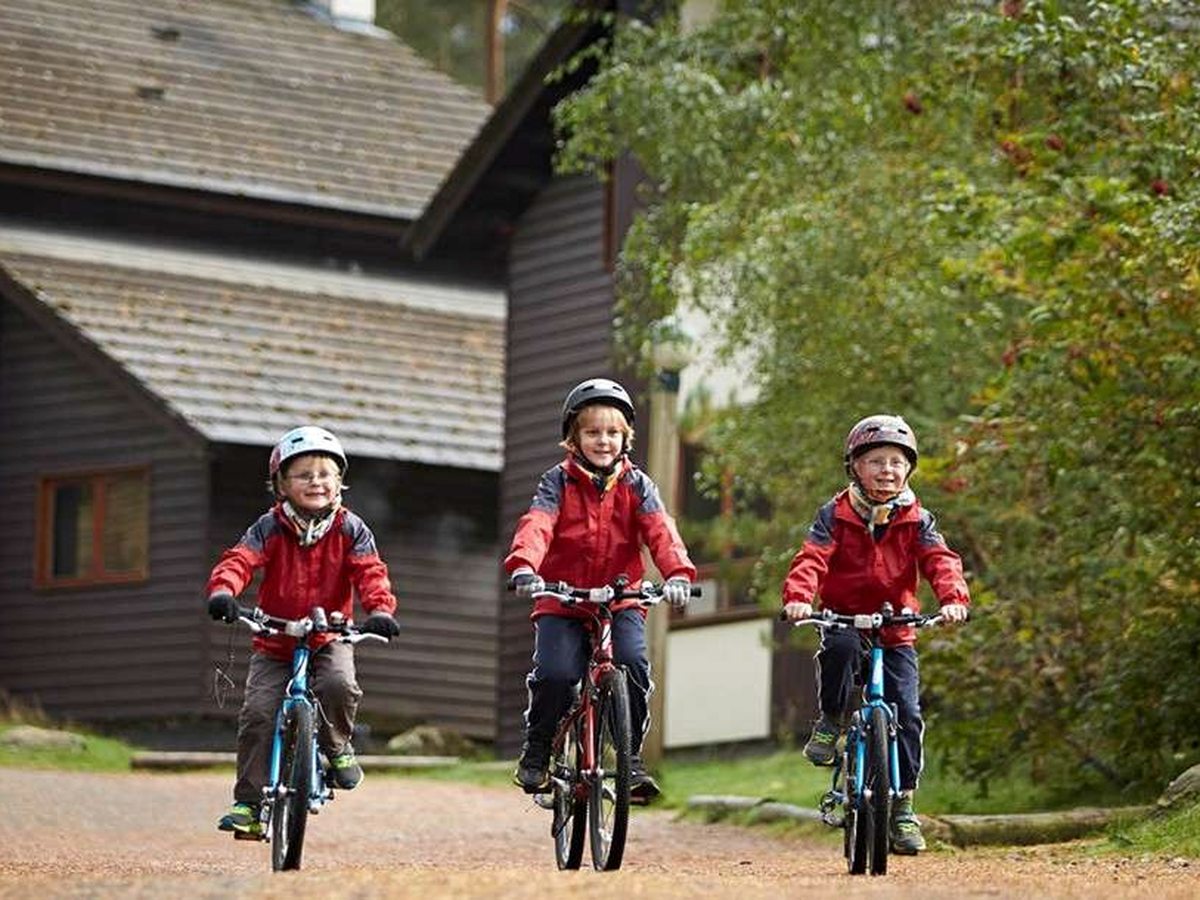 Three children in red coats and helmets riding bikes along a gravel path past dark timber lodges and autumn trees.