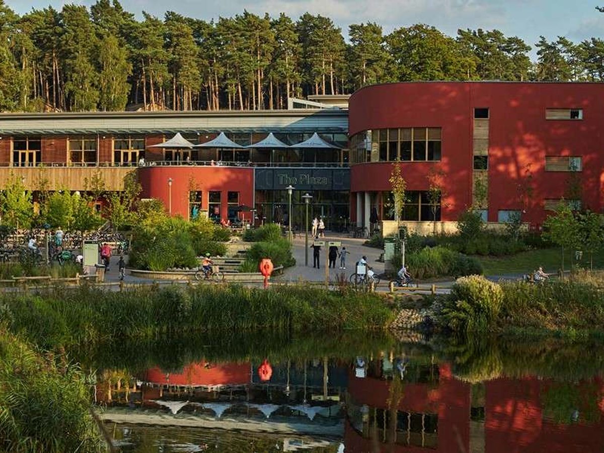 A red-clad two-storey building signed The Plaza beside a reed-fringed lake, with a terrace of white canopies above and cyclists and walkers on the paths outside, pine woodland rising behind.