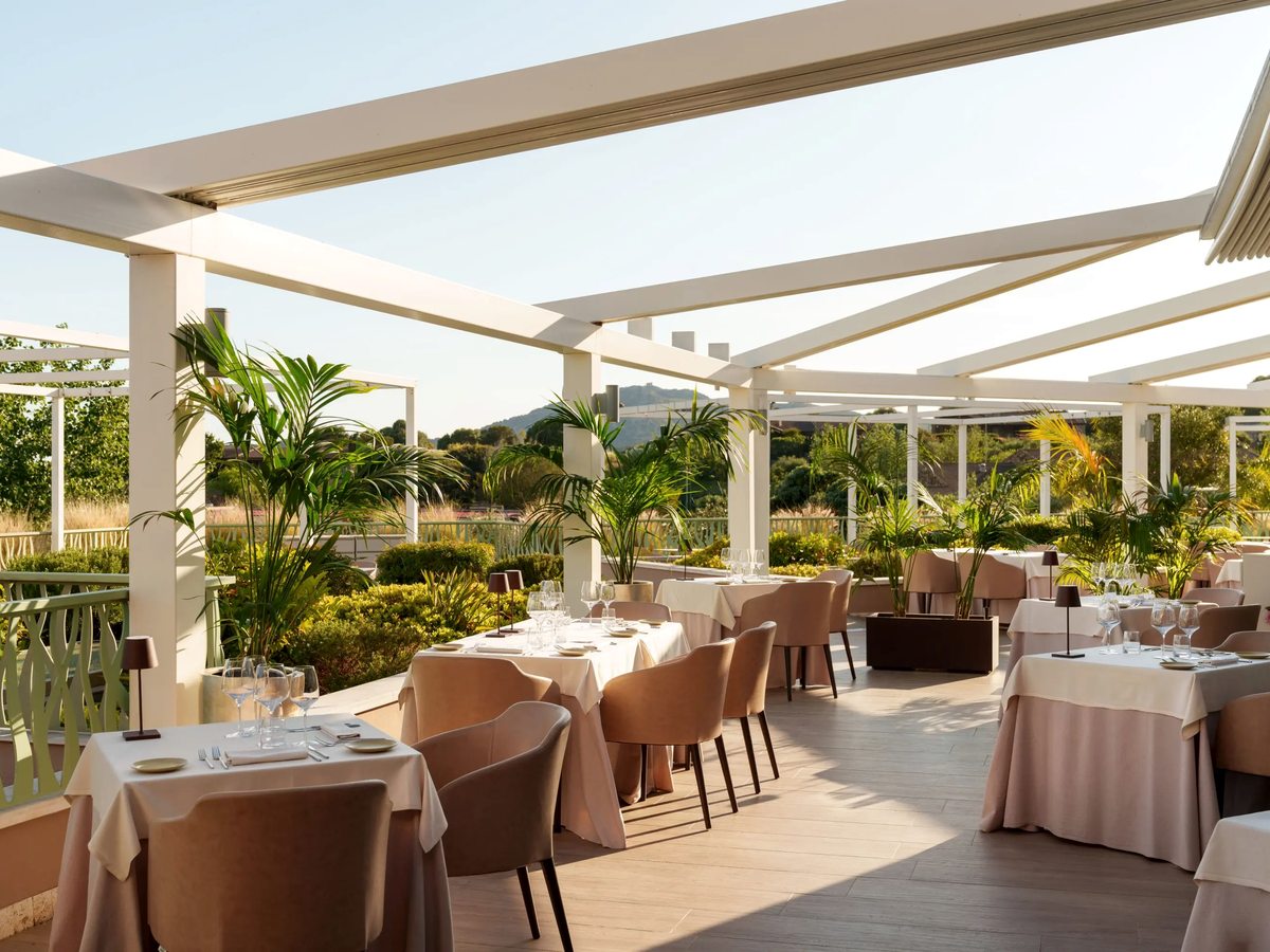 A covered pergola dining terrace with white-clothed tables, tan chairs and potted palms, looking out over green scrub to a distant hilltop tower in warm light.