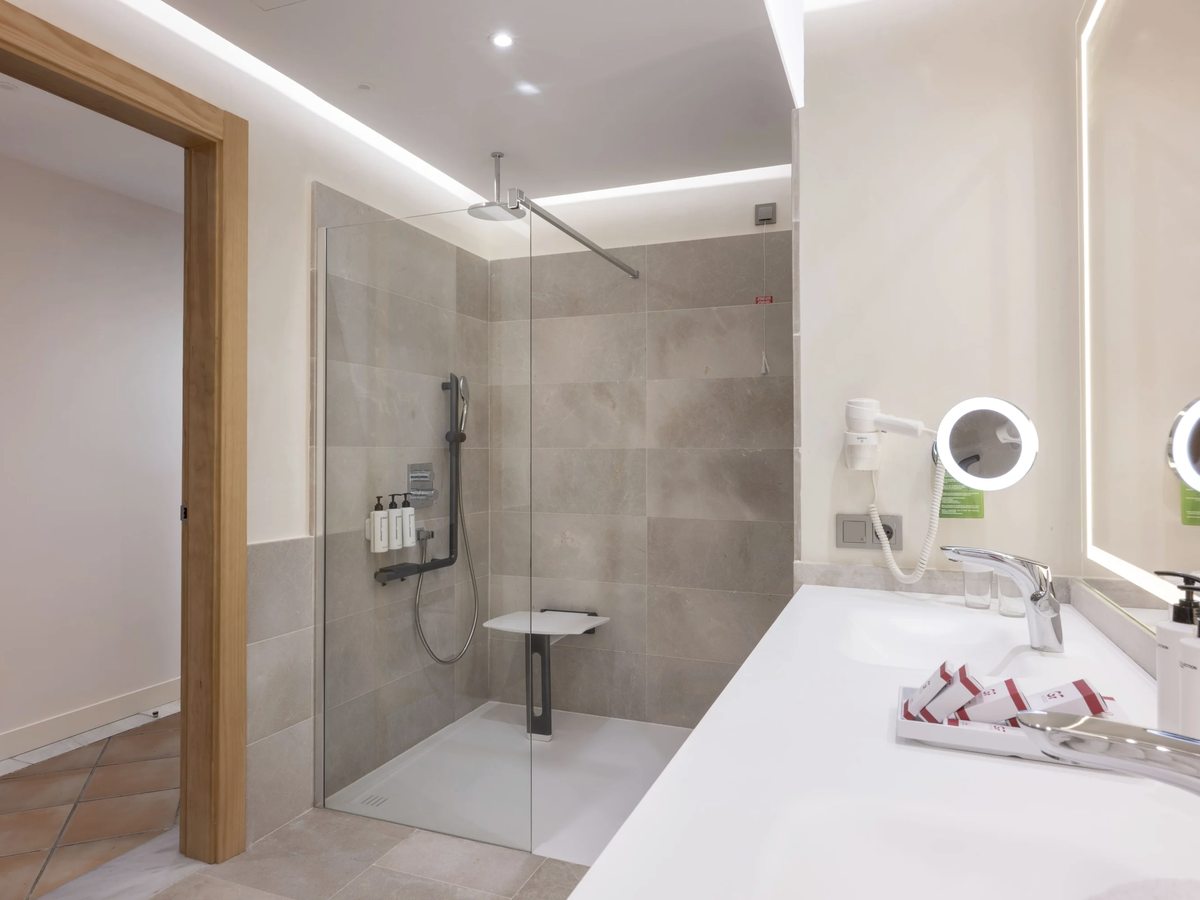 An adapted bathroom with a level-entry walk-in shower, a fold-down seat, a grab rail and a handheld shower.