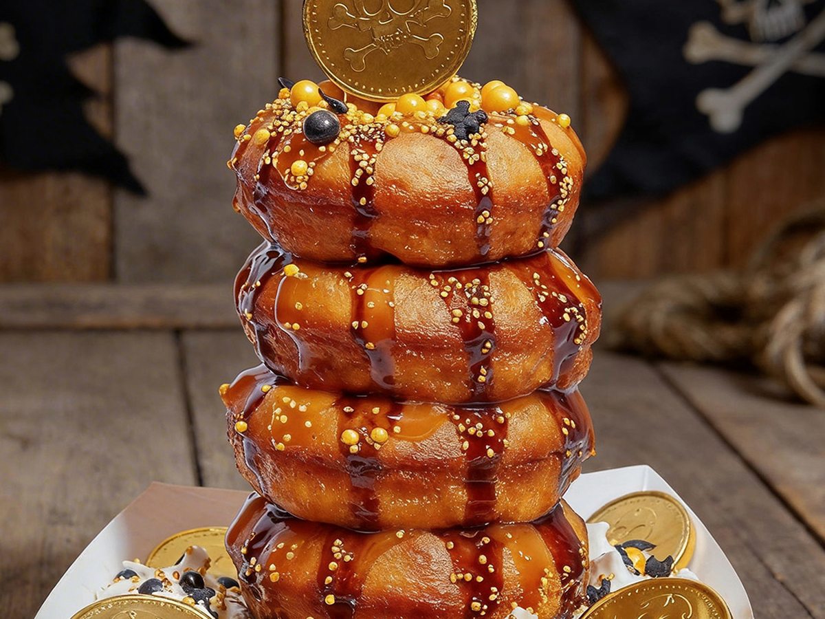 A tall stack of caramel-drizzled doughnuts topped with a chocolate gold coin, against a pirate-flag backdrop