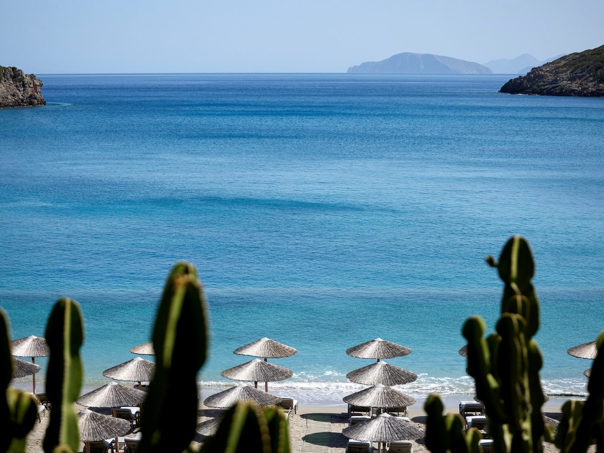 The enclosed cove seen past cactus in the foreground, with thatched parasols on the sand and rocky headlands around the bay.