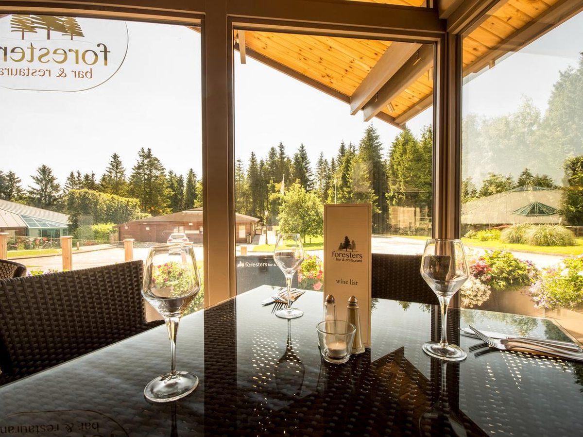 A set dining table with wine glasses and a menu inside the Foresters, tall windows looking out to woodland.