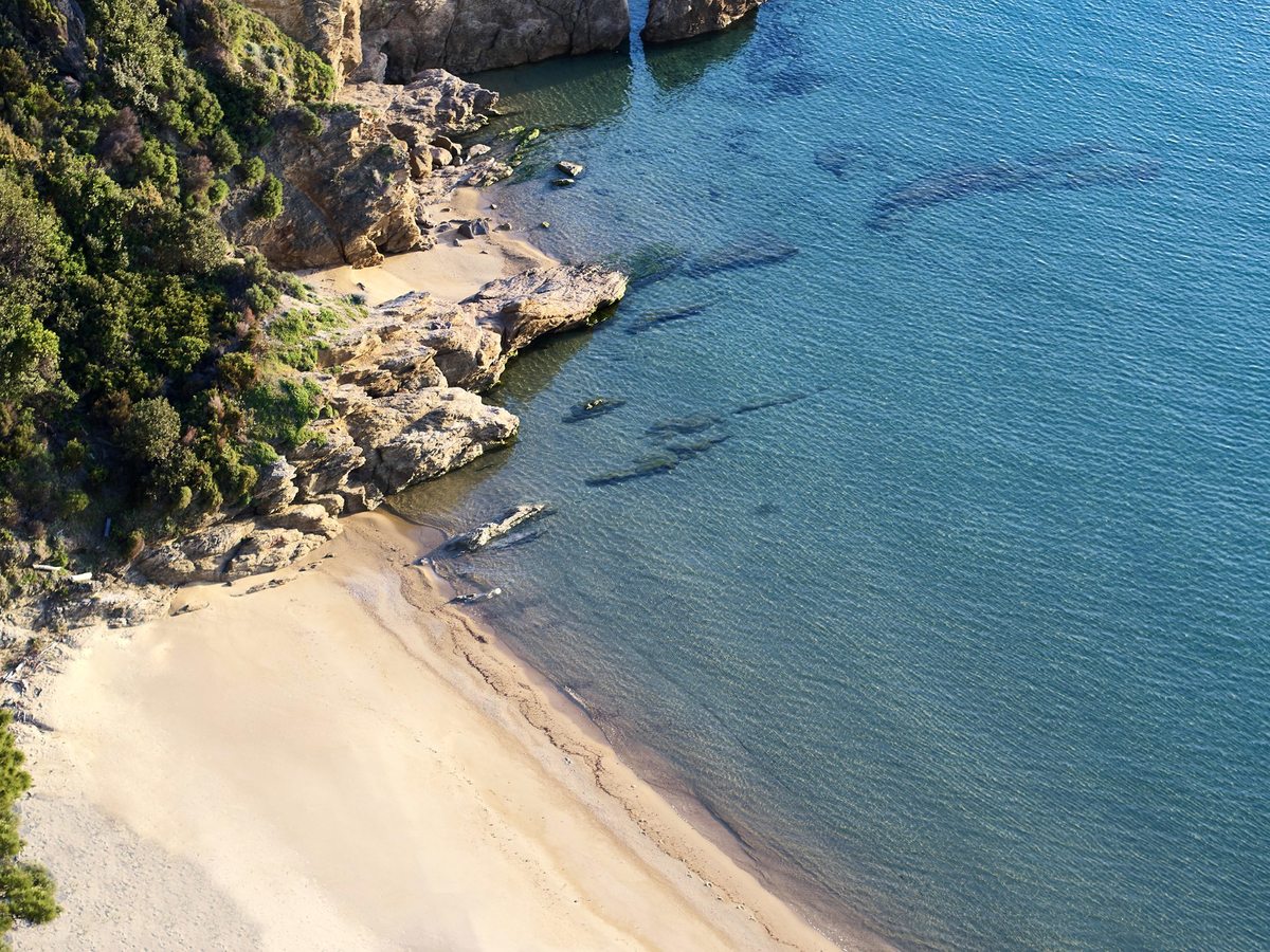 A curve of soft sand meeting clear turquoise water, with pale rocks at one end and green scrub behind.