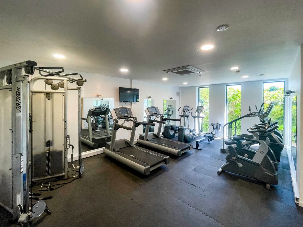 A fitness room with treadmills, cross trainers and a cable weights machine beside full-height windows.