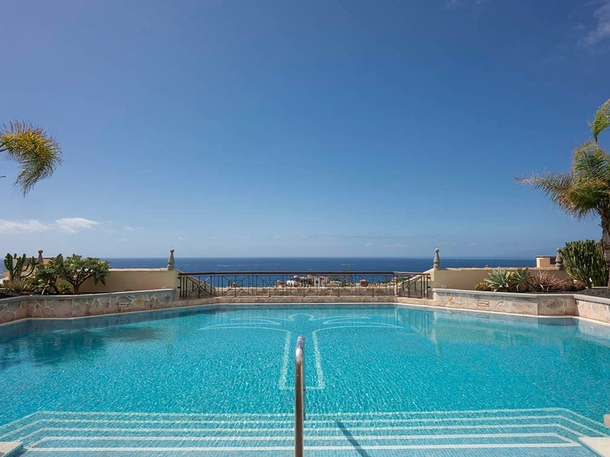 A rectangular pool with a tiled surround and an iron railing along the far edge, with cacti and succulents in the borders.