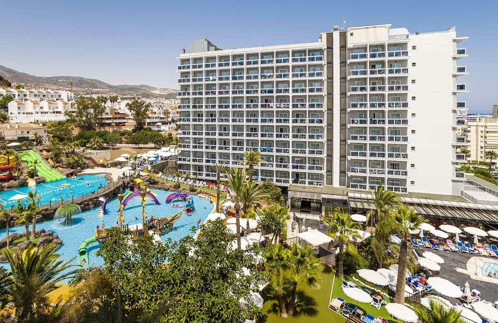 Globales Los Patos Park, a 4-star all-inclusive hotel with its own pools and water slides on the seafront strip at Benalmádena Costa on Spain's Costa del Sol.