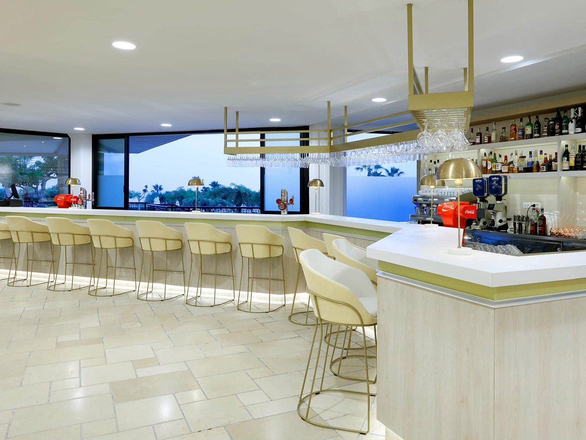 A bright bar with a white and gold counter, high stools, backlit shelves of bottles and glassware, and large windows to one side.