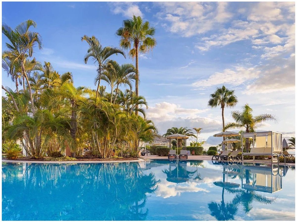 The main freshwater pool curving among palms and terracotta paving, loungers set around its edge.