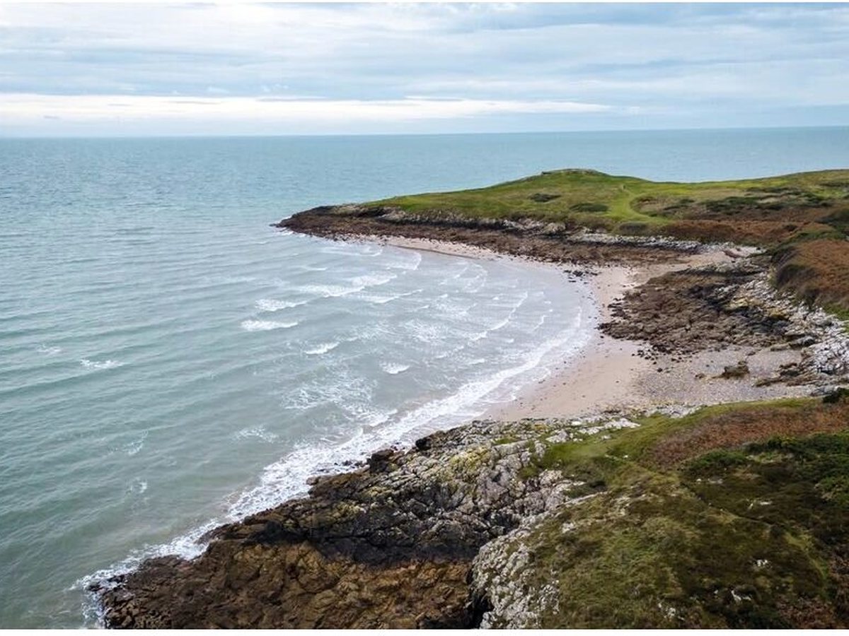 An aerial view of a narrow beach backed by a rocky foreshore and a green headland, with waves breaking along the coast.