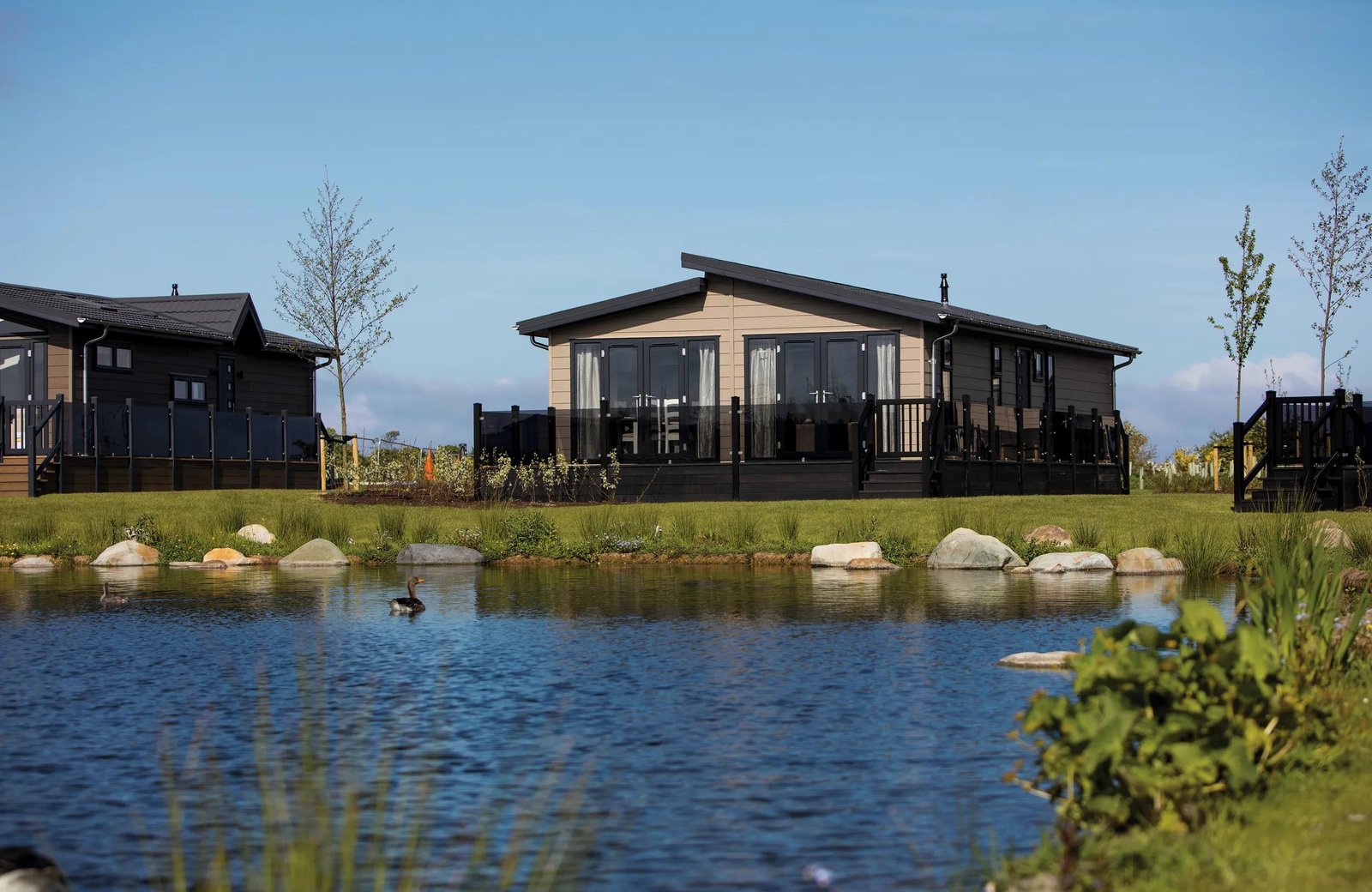 Haven Hafan y Môr: caravans and lodges spread across flat coastal ground on the Llyn Peninsula, with the shingle beach and Cardigan Bay in front and the mountains of Eryri rising inland.
