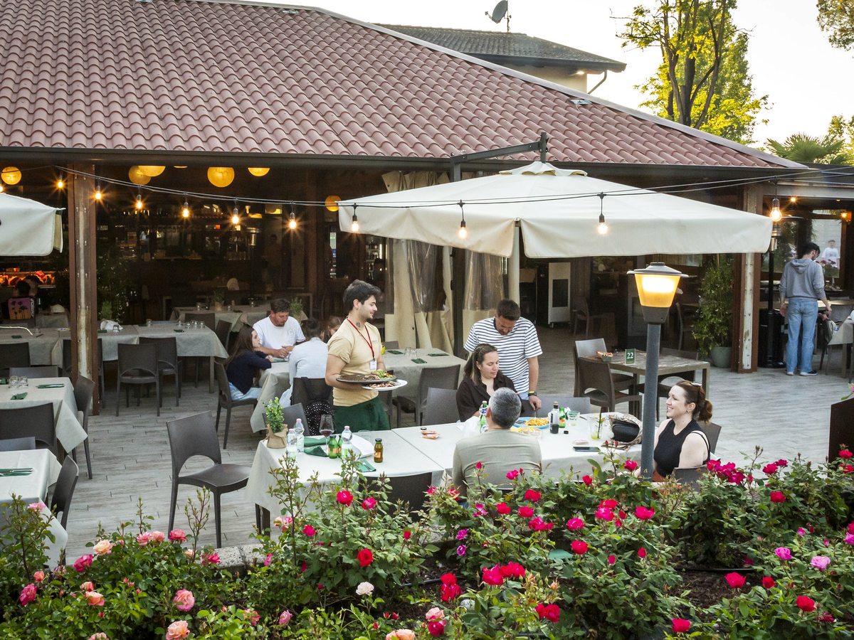 Laid tables under a pergola on an outdoor restaurant terrace among greenery.