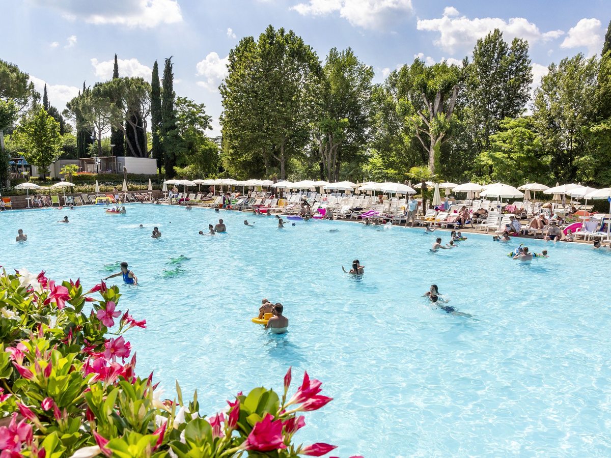 A large outdoor swimming pool with swimmers, edged by loungers and trees.