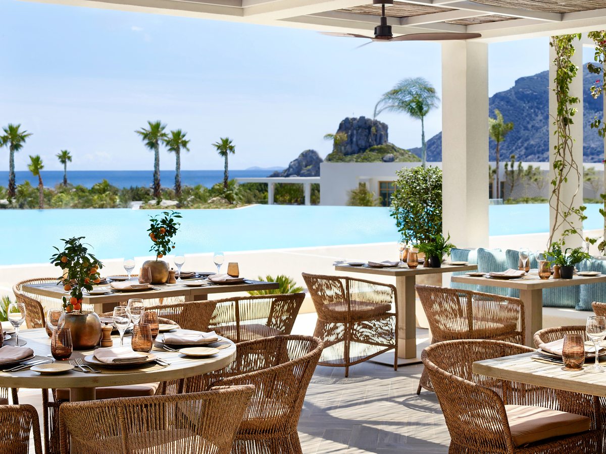 Oliva laid out on a covered terrace of wicker chairs and ceiling fans, with the pool, the palms and the headland beyond.