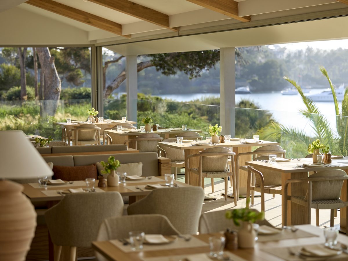 The dining room at The Market, tables and cane chairs under a slatted timber canopy, with pines and the cove through the open sides.