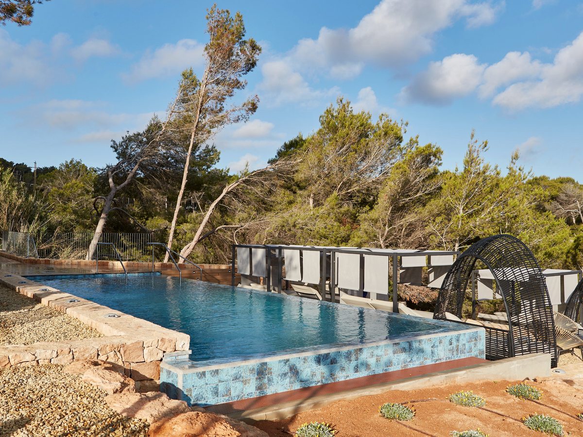 A small rectangular pool on a rock terrace with pine trees and a glass safety fence.