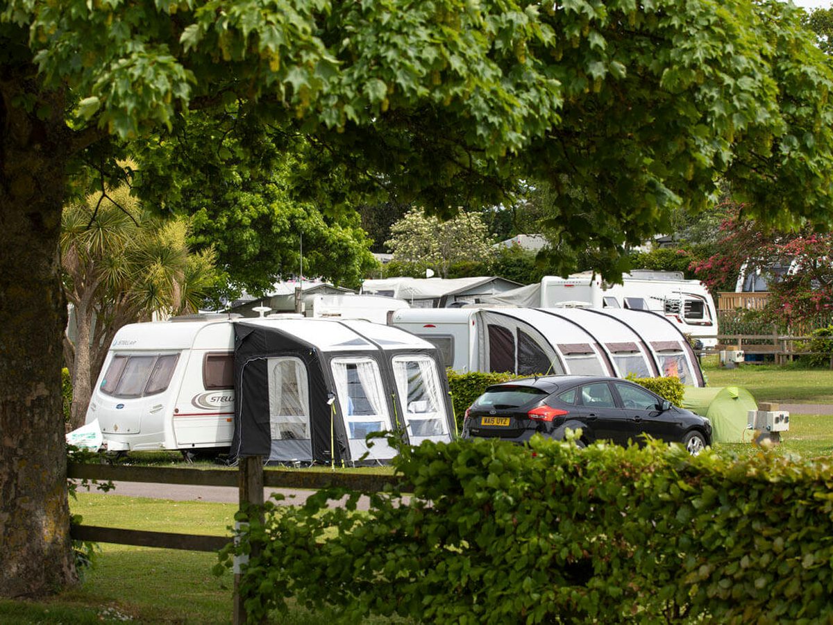 Touring caravans with grey and white awnings pitched on mown grass behind a hedge and a wooden rail fence, with a small green tent and a parked car alongside.