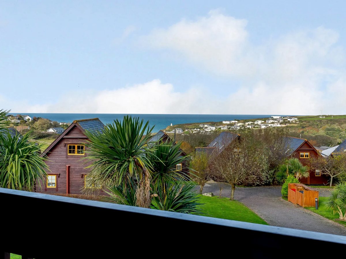 Cordyline palms and dark timber lodges on a green slope, with fields, white houses and the sea beyond.