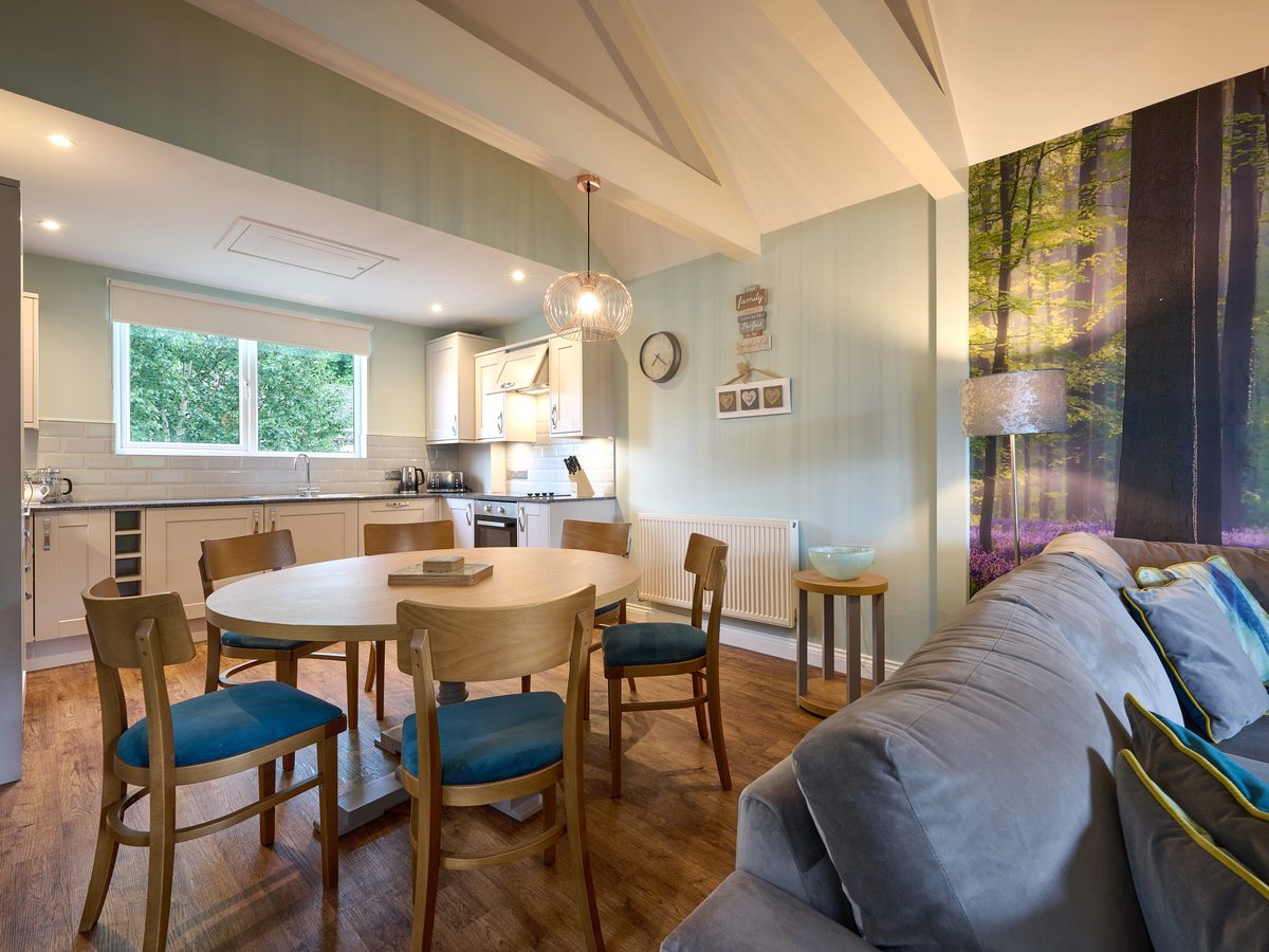 A vaulted room with a pale fitted kitchen along one wall, a round wooden dining table with six chairs and a grey sofa beside a woodland wall mural.
