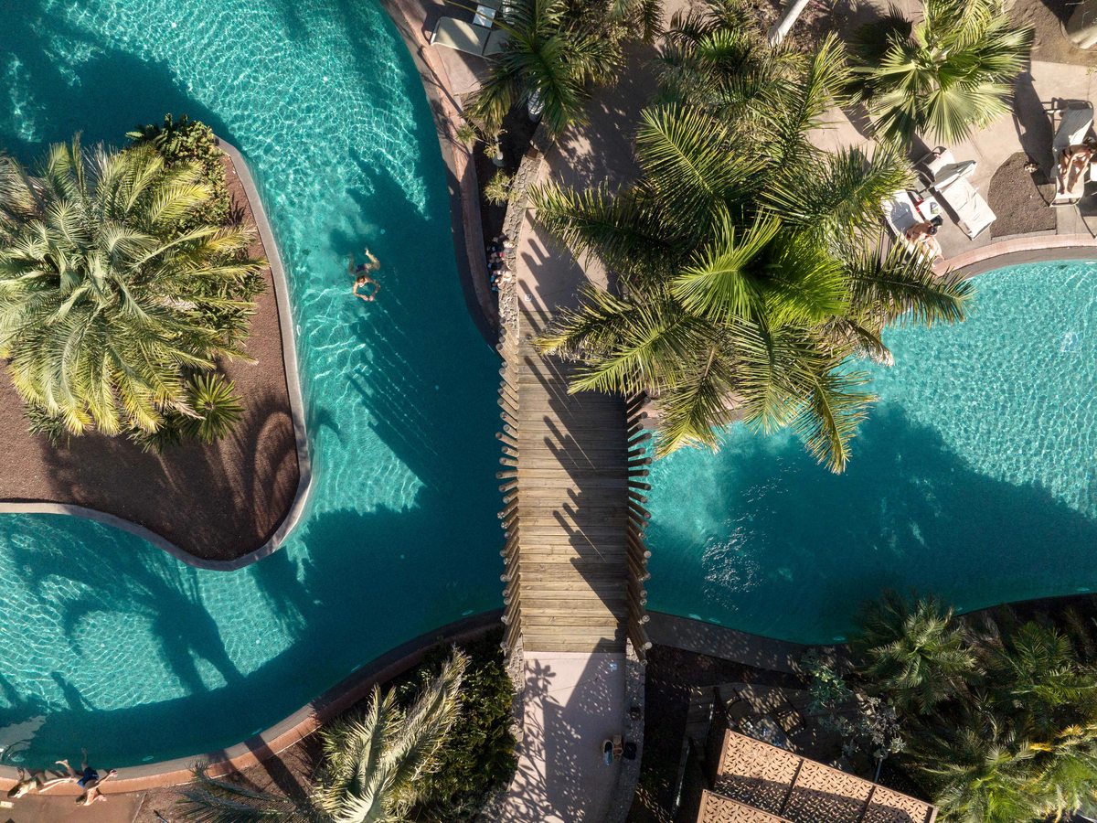 A curving turquoise pool winding between planted palm islands, with a slatted timber footbridge crossing it and a swimmer in the clear water.
